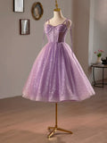 Purple Tulle A-Line Knee Length Party Dress, Lovely Spaghetti Strap Evening Prom Dress HZ1024