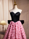 Black Satin and Pink Ruffle Flower Short Prom Dress, Lovely A-Line Strapless Bow Party Cocktail Dress HZ1024
