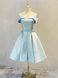 Simple Short Light Blue Satin Party Dress, Blue A-Line Off the Shoulder Evening Dress HZ1024