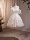 Ivory V-Neck Beaded Straps Party Dress, Ivory Knee Length Prom Dress HZ1024