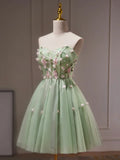 Green Tulle Beaded Party Dress, Green Short Prom Dress with Flowers HZ1024