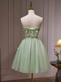 Green Tulle Beaded Party Dress, Green Short Prom Dress with Flowers HZ1024