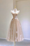 Champagne Lace Tea Length Prom Dresses, A-Line Evening Dresses HZ1024