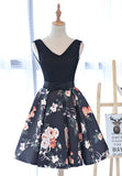 Cute V-Neck Floral Prom Dresses, A-Line Homecoming Dresses HZ1024