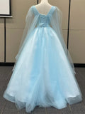 Light Blue Tulle with Gold Lace Applique Party Dress, Light Blue Prom Dress HZ1024