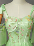 Light Green Tulle Floral Straps Long Formal Dress, Light Green Prom Dress HZ1024
