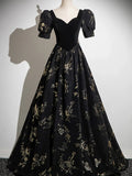 Black A-line Short Sleeves Sweetheart Floral Long PartY Dress, Black Prom Dress HZ1024