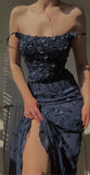 Charming Navy Blue Applique Spaghetti Strap Sheath Long Prom Dress Party Dress Evening Dress HZ1024
