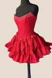 Vintage Red Beading Bow Ruffled Hem Design Strapless Homecoming Dress HZ1024